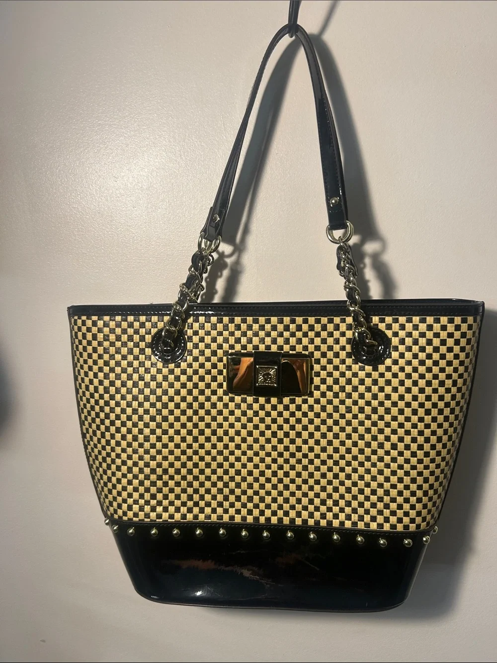 Anne Klein Black and Beige Woven Check Tote with Gold Hardware